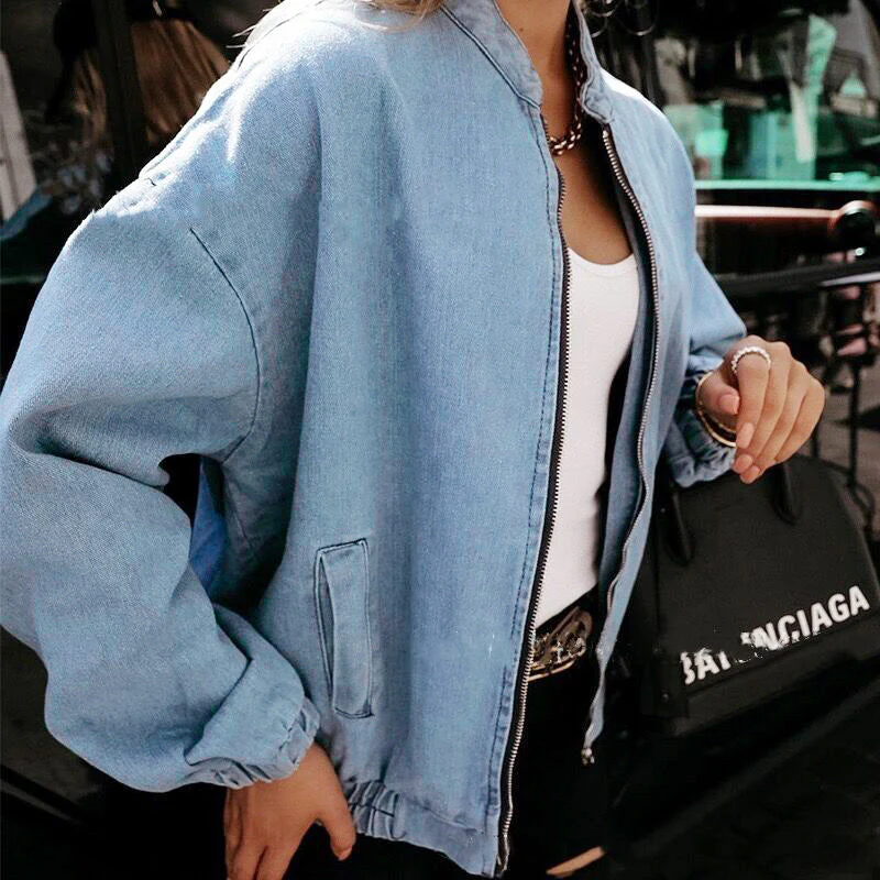 Dominique | Women's Zip-Up Denim Bomber Jacket - Image 2