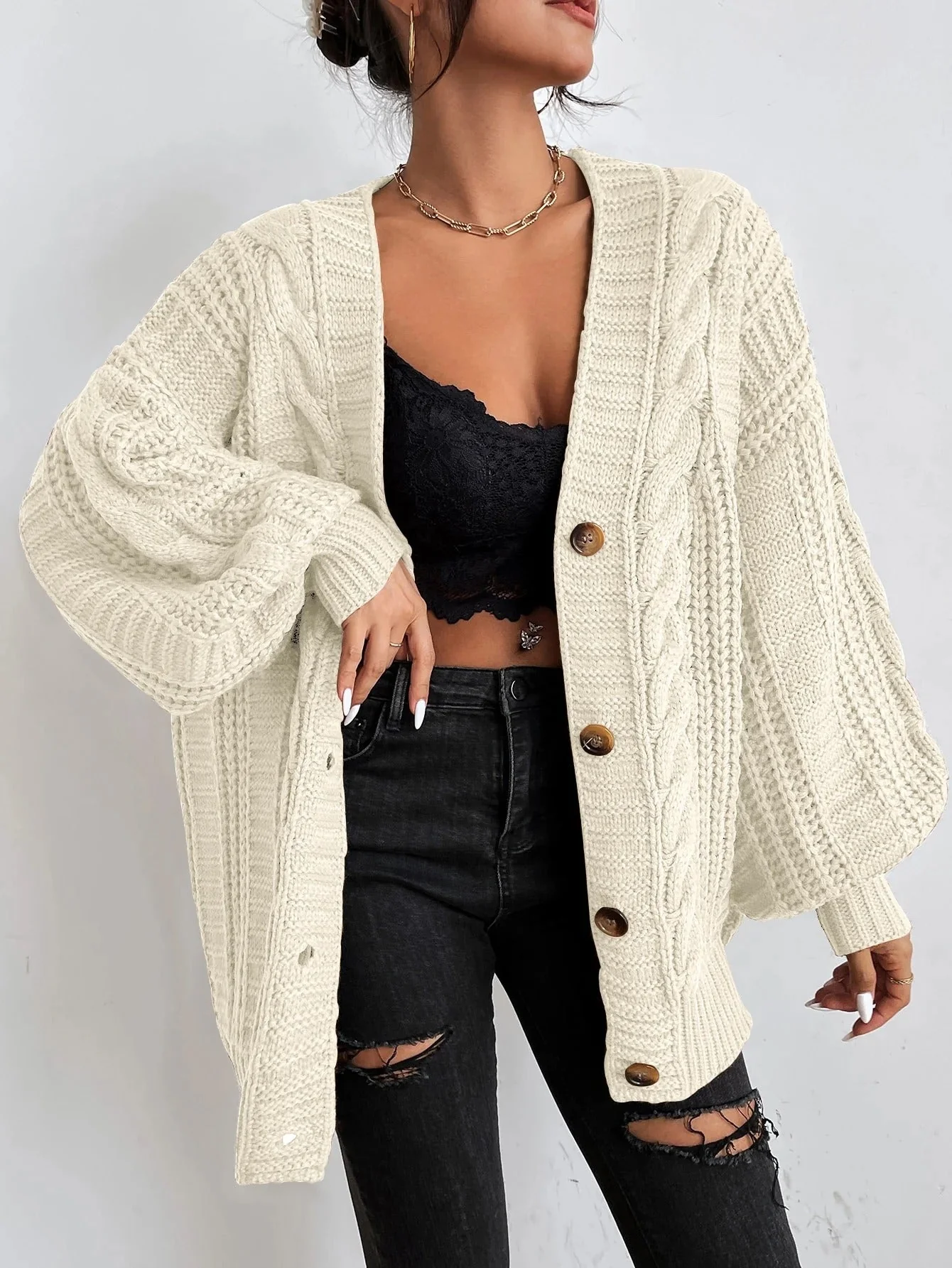 Jean | Women's Oversized Cable Knit Cardigan - Image 3