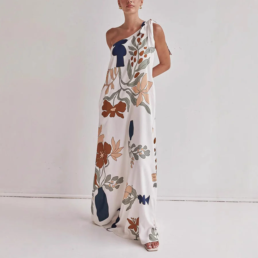 Katherine | Flowy Cotton One-Shoulder Dress β Loose Fit β Bold Print