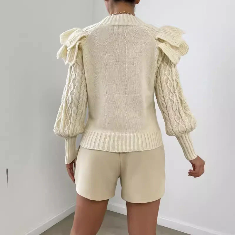 Kylie | Women's Ruffle Cable Knit Long Sleeve Sweater - Image 2