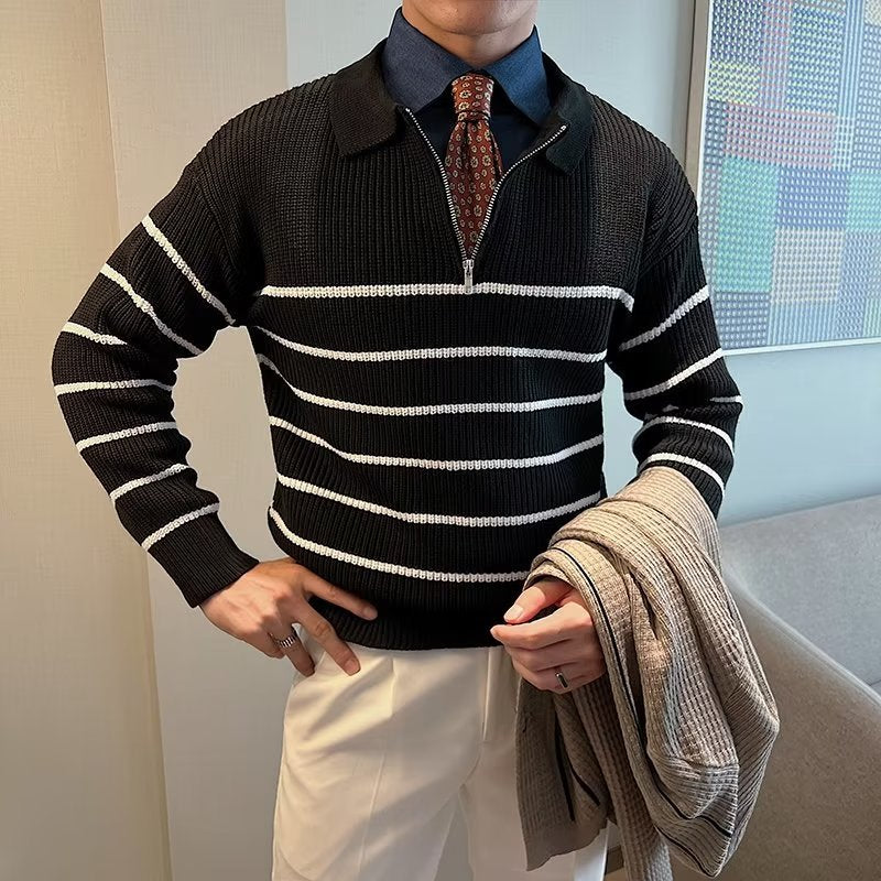 Liam | Men's Striped Zipper Front Sweater - Image 4