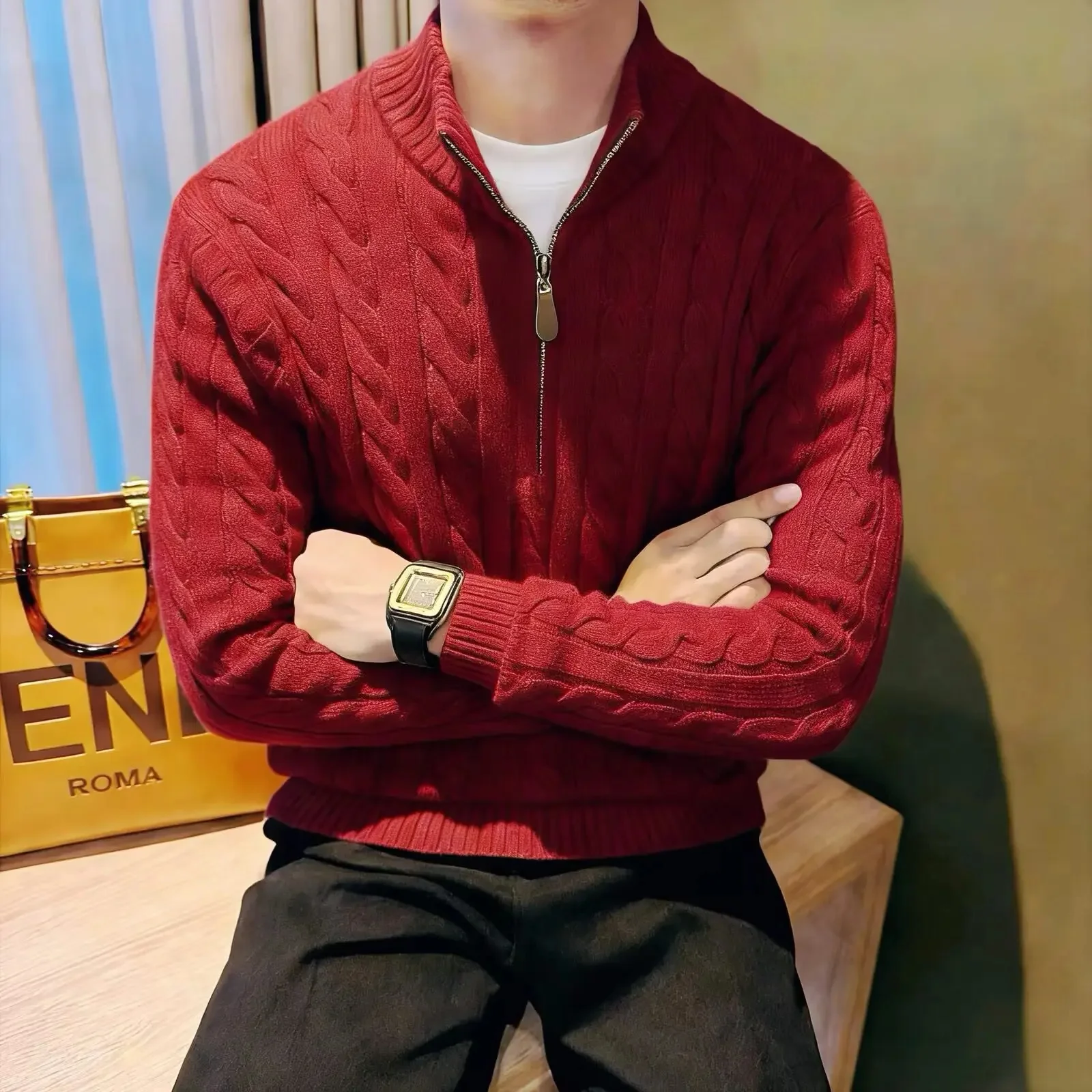 Marco | Men's Zip-Up Cable Knit Sweater - Image 8