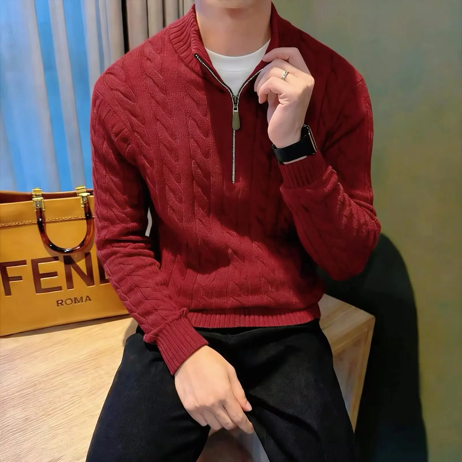 Marco | Men's Zip-Up Cable Knit Sweater - Image 9