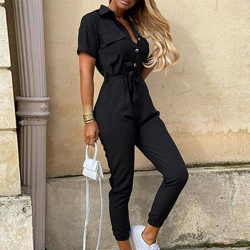Reese | Lightweight Structured Fit Short Sleeve Jumpsuit With Button Closure - Image 3