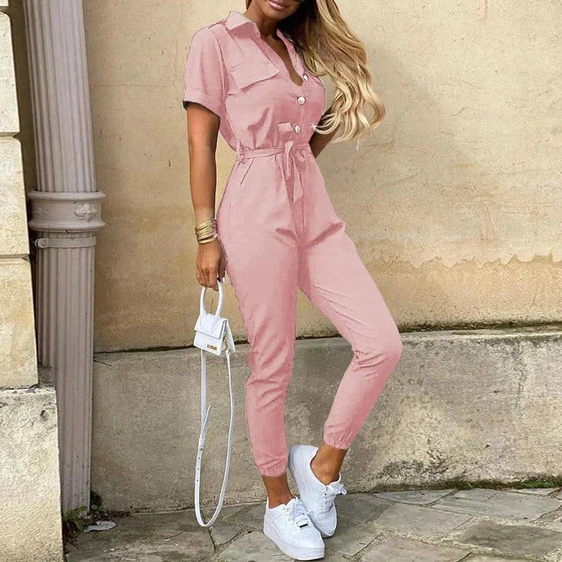 Reese | Lightweight Structured Fit Short Sleeve Jumpsuit With Button Closure - Image 6