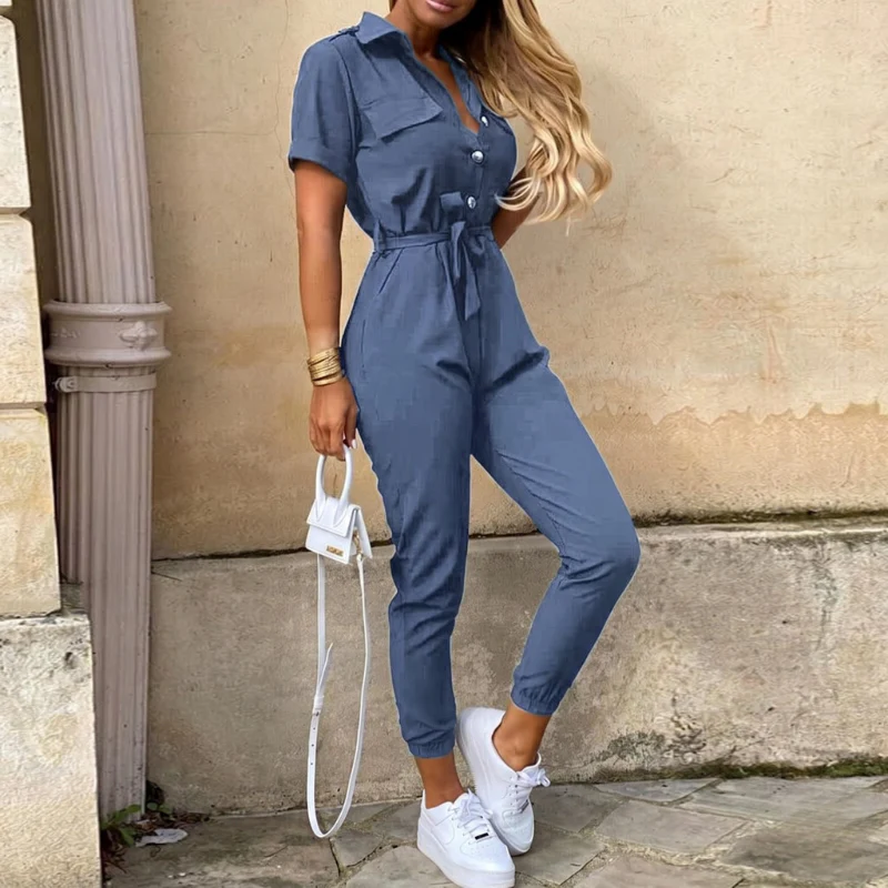 Reese | Lightweight Structured Fit Short Sleeve Jumpsuit With Button Closure - Image 8