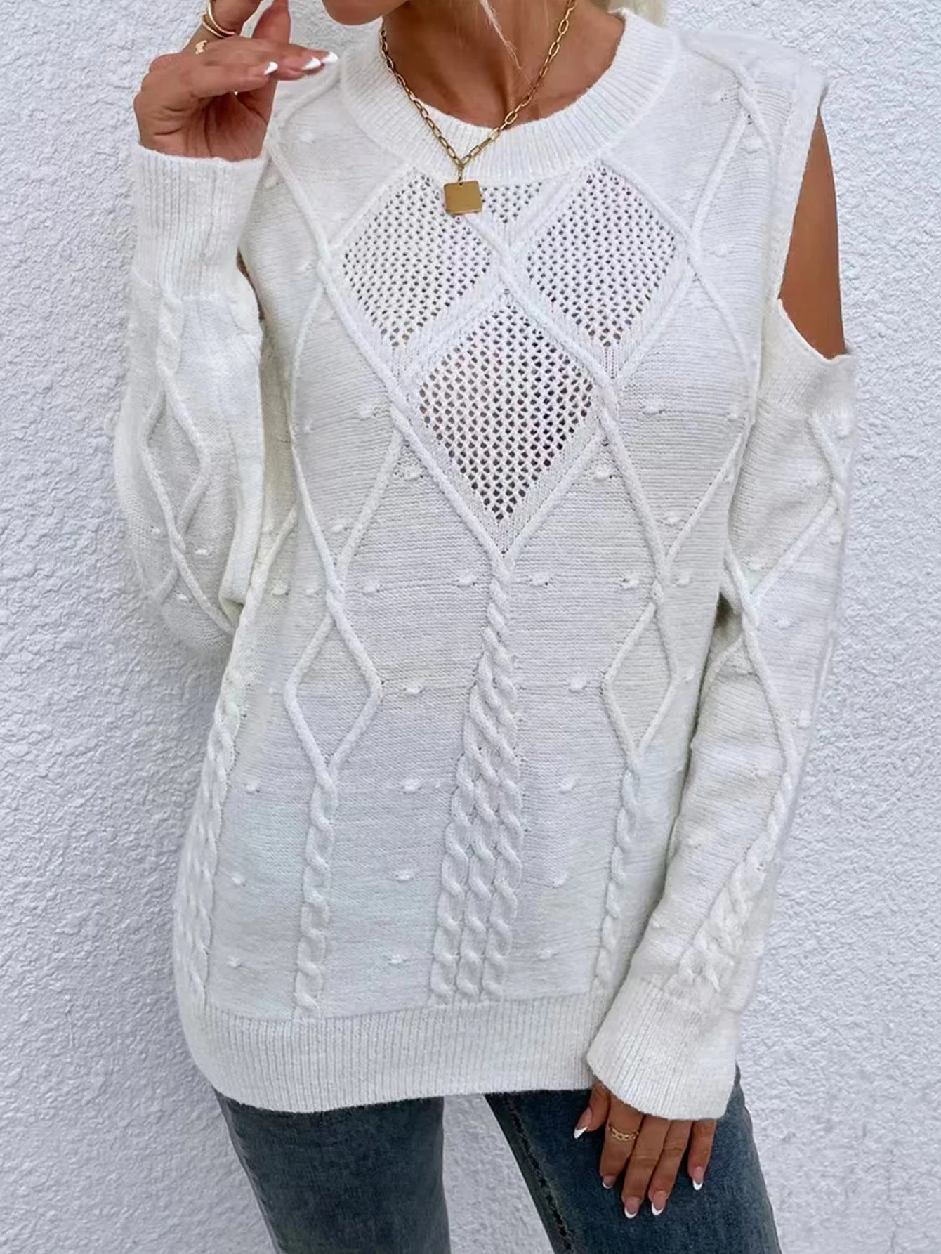 Sage | Women's Cold Shoulder Cable Knit Sweater - Image 3