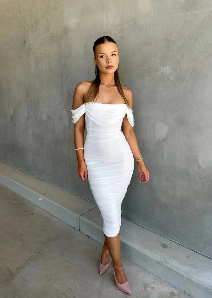 Scarlett | Elegant Off-Shoulder Bodycon Midi Dress with Draped Sleeves - Image 3